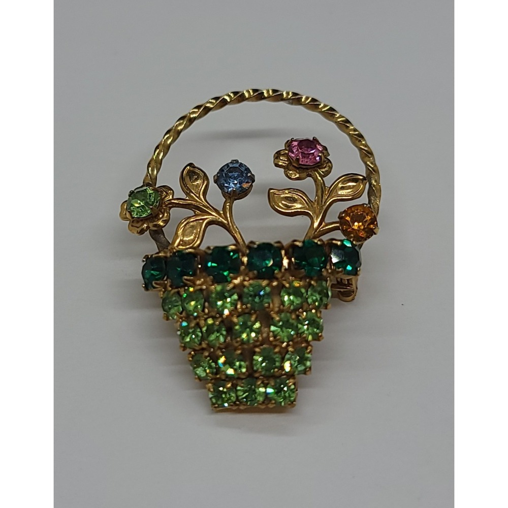Vintage Colorful Rhinestone Flower Basket Brooch Green Pink Blue Floral Pin
